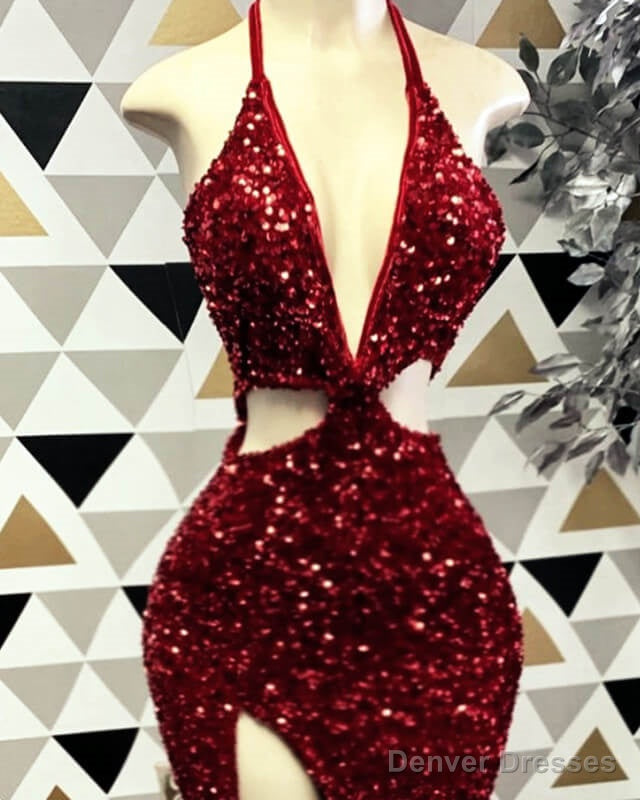 Burgundy Sequin Cut-Out Prom Dresses Secondary image
