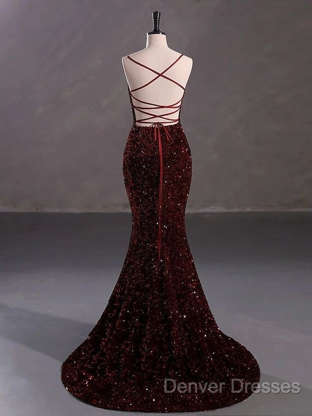 Burgundy Sequin Mermaid Backless Prom Dress Long Evening Dress Secondary image