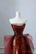 Burgundy Sequins And Tulle Long Formal Dress, Elegant Strapless Evening Party Dress