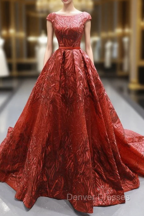 Burgundy Sequins Ball Gown Cap Sleeve Backless Prom Dress