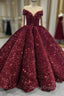 Burgundy Sequins Ball Gown Cap Sleeve Prom Dress