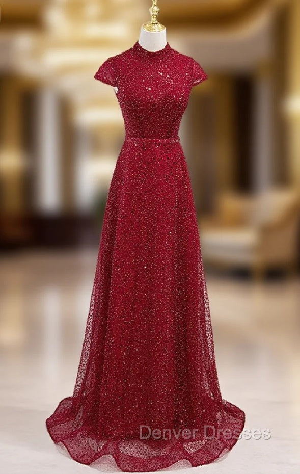 Burgundy Sequins High Cap Sleeve Prom Dress Main image