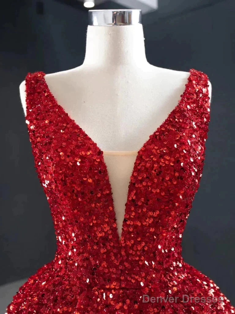 Burgundy Sequins High Low V Neck Ruffles Prom Dress Secondary image