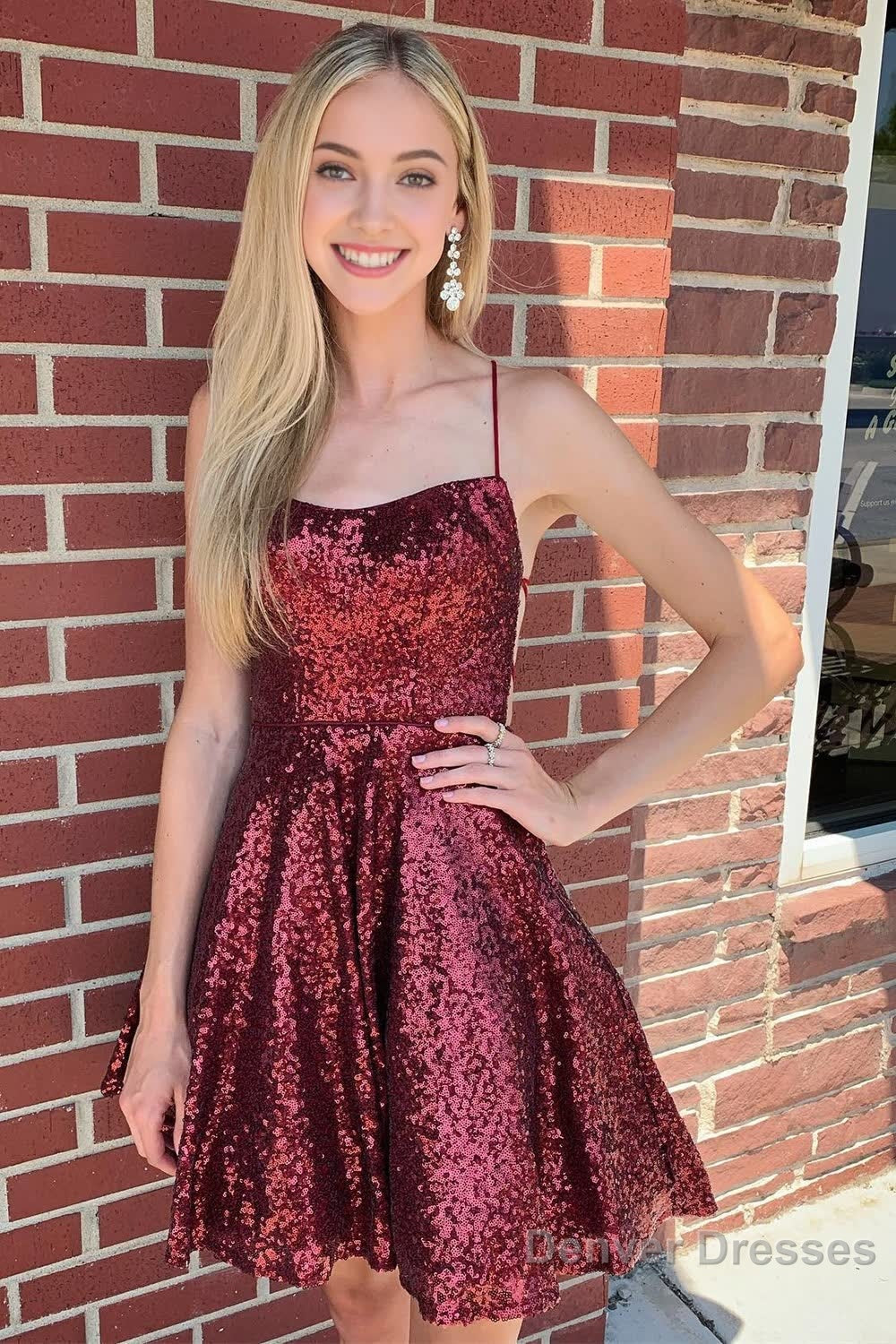 Burgundy Sequins Homecoming Dress with Criss Cross Back Main image