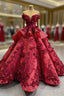 Burgundy Sequins Off the Shoulder 3D Flower Floor Length Prom Dress