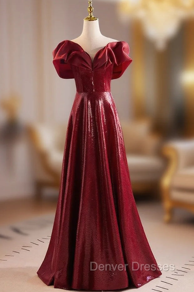Burgundy Sequins Off the Shoulder Prom Dress Main image