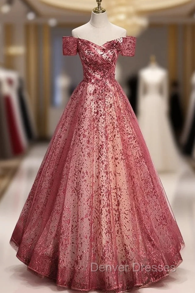 Burgundy Sequins Off the Shoulder Prom Dress