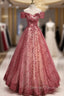Burgundy Sequins Off the Shoulder Prom Dress