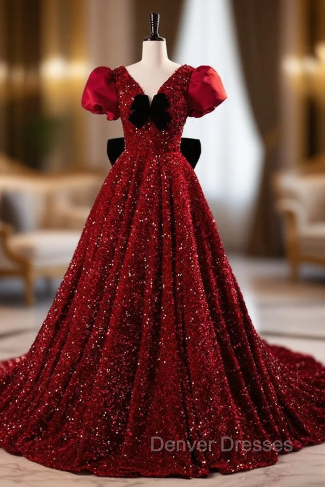 Burgundy Sequins Puff Sleeve Prom Dress Main image