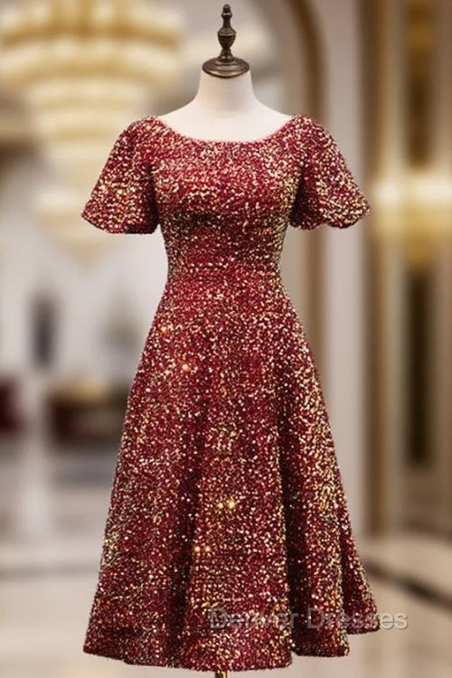 Burgundy Sequins Puff Sleeve Tea Length Prom Dress