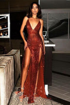 Burgundy Shiny Sequins V-Neck Long Elegant Sexy Backless Sleeveless Front Slit Ball Gown Evening Dress Party Dress