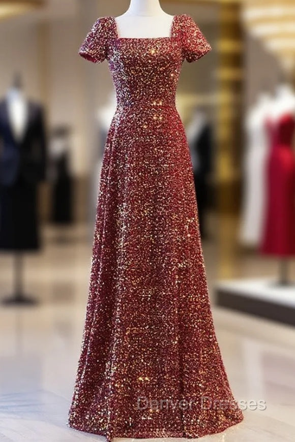 Burgundy Sequins Square Short Sleeve Prom Dress