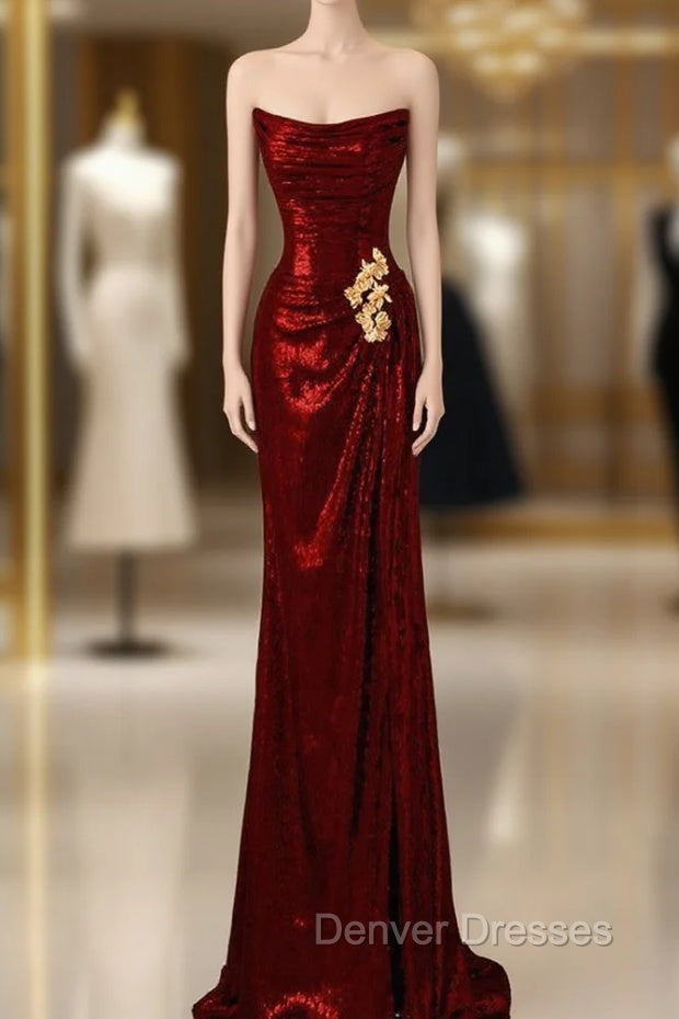 Burgundy Sequins Strapless Pleats Prom Dress