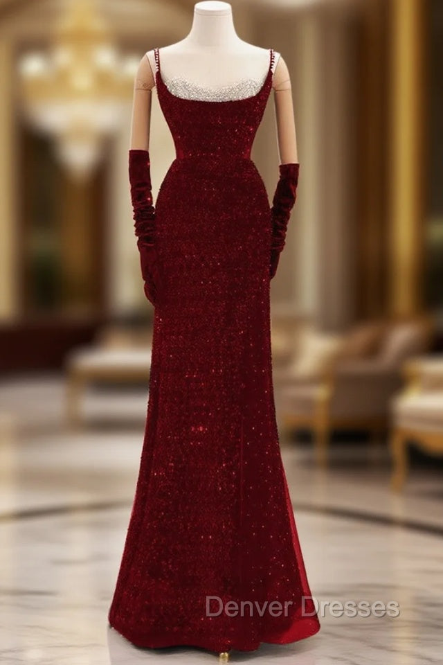 Burgundy Sequins Straps Beading Prom Dress Main image