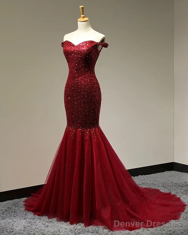 Burgundy Sequins Sweetheart Mermaid Off Shoulder Dress