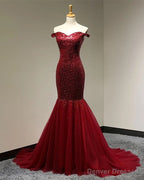 Burgundy Sequins Sweetheart Mermaid Off Shoulder Dress