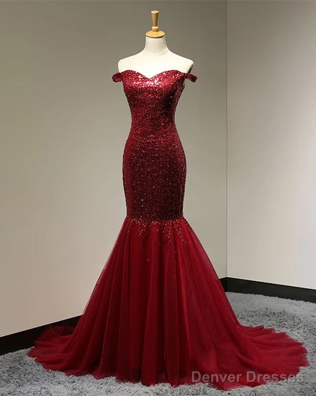 Burgundy Sequins Sweetheart Mermaid Off Shoulder Dress Main image