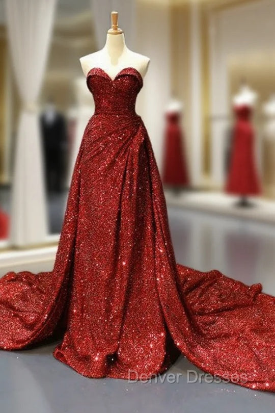 Burgundy Sequins Sweetheart Pleats Prom Dress With Long Train