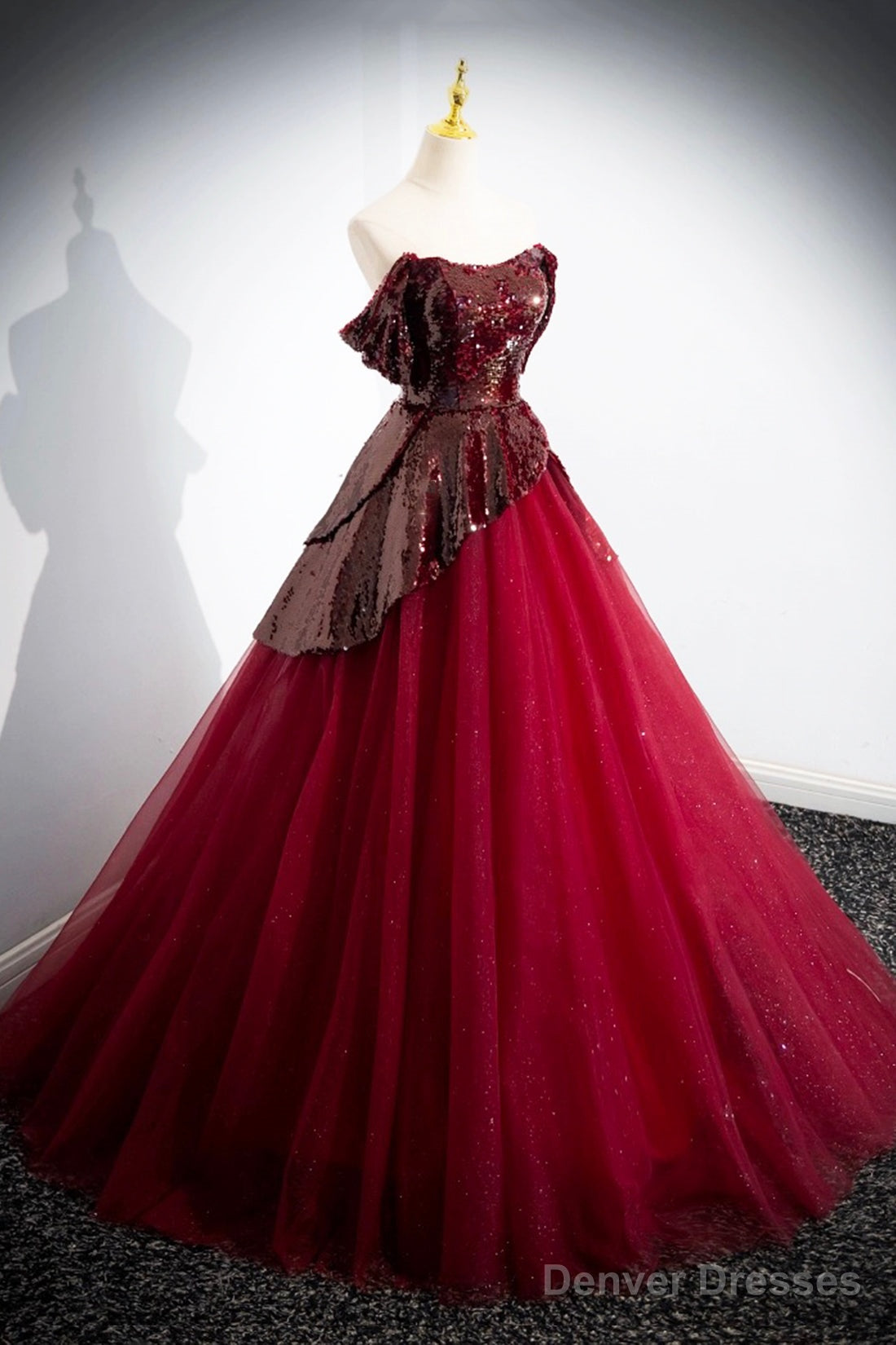 Burgundy Sequins Tulle Long Prom Dress, Elegant A-Line Evening Dress Secondary image