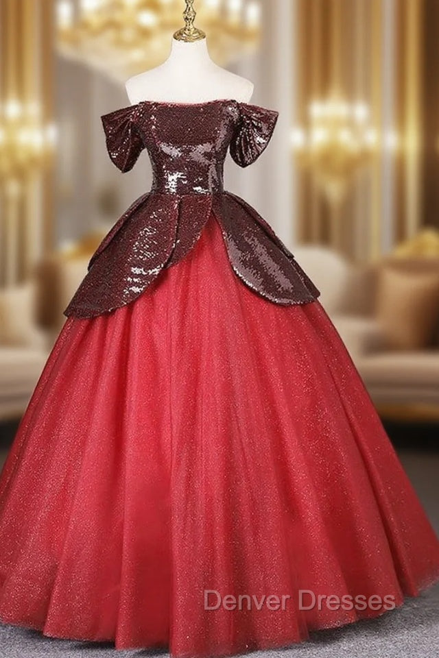 Burgundy Sequins Tulle Off the Shoulder Quinceanera Dress Main image