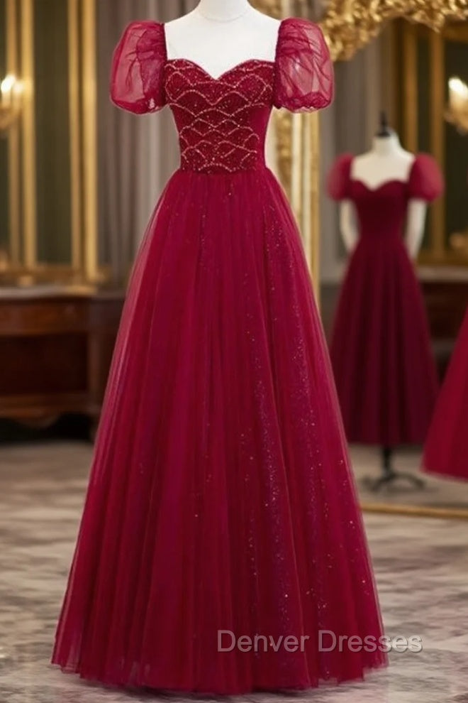 Burgundy Sequins Tulle Puff Sleeve Beading Prom Dress