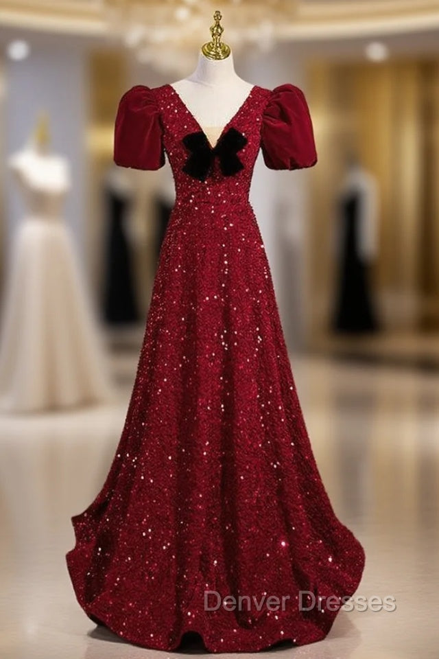 Burgundy Sequins V-neck Short Sleeve Prom Dress Main image