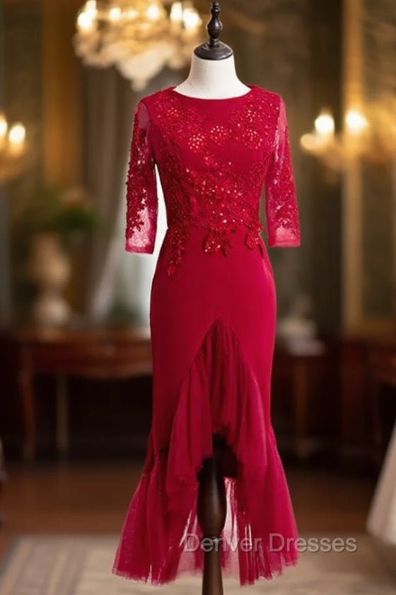 Burgundy Sheath Satin Tulle Appliques Short Sleeve Short Prom Dress Main image