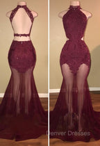 Burgundy Sheer-Tulle Lace-Appliques High-Neck Mermaid Prom Dress