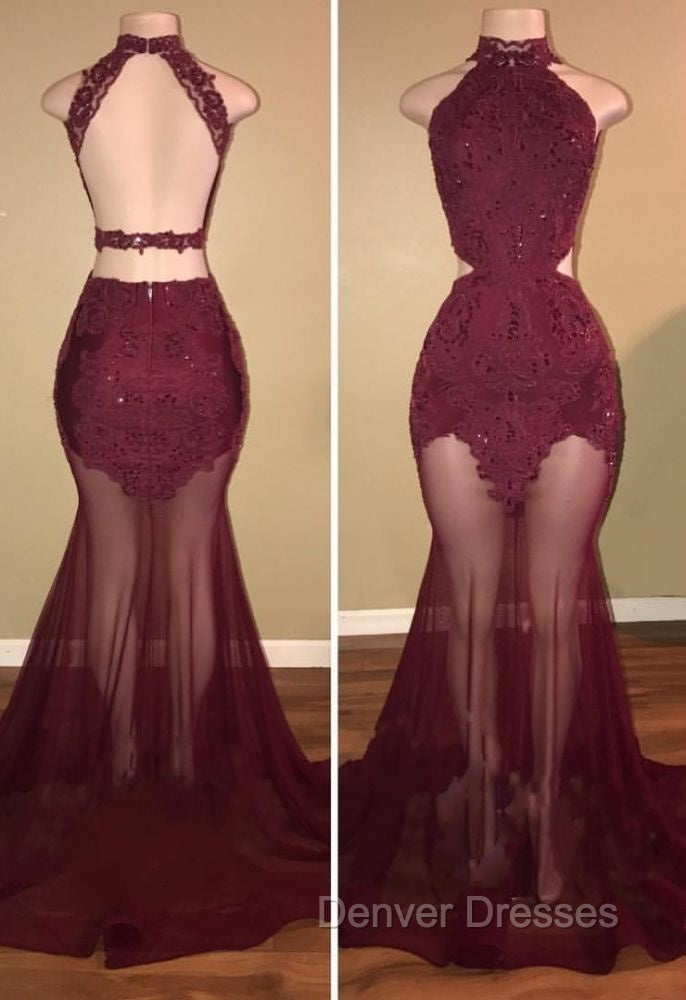 Burgundy Sheer-Tulle Lace-Appliques High-Neck Mermaid Prom Dress