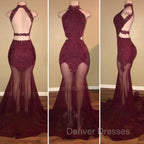 Burgundy Sheer-Tulle Lace-Appliques High-Neck Mermaid Prom Dress
