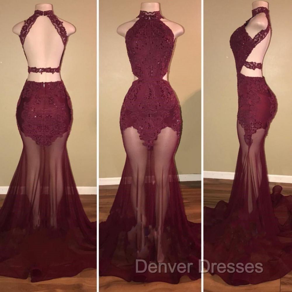 Burgundy Sheer-Tulle Lace-Appliques High-Neck Mermaid Prom Dress