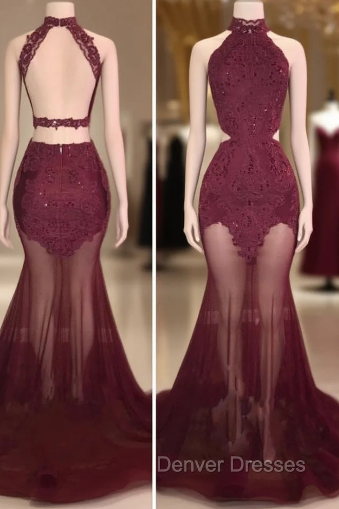 Burgundy Sheer-Tulle Lace-Appliques High-Neck Mermaid Prom Dress