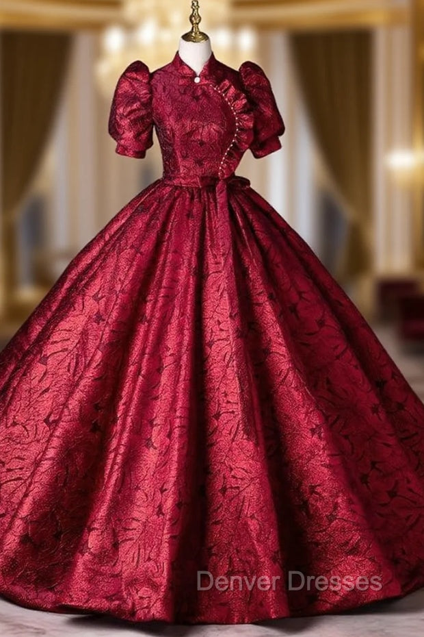 Burgundy Short Sleeve High Neck Backless Quinceanera Dress Main image