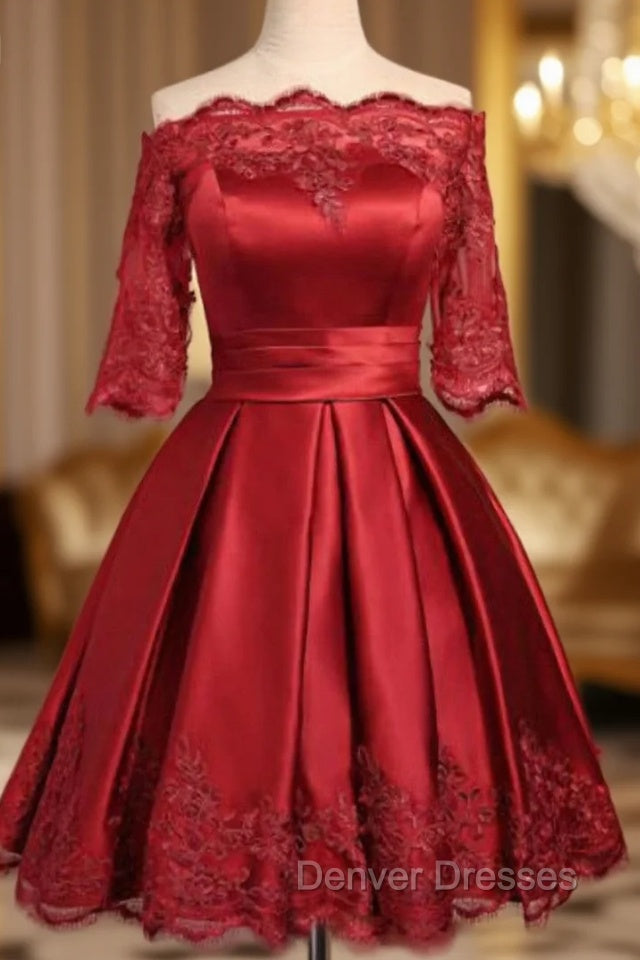 Burgundy Short Sleeve Off The Shoulder Satin Dress Main image