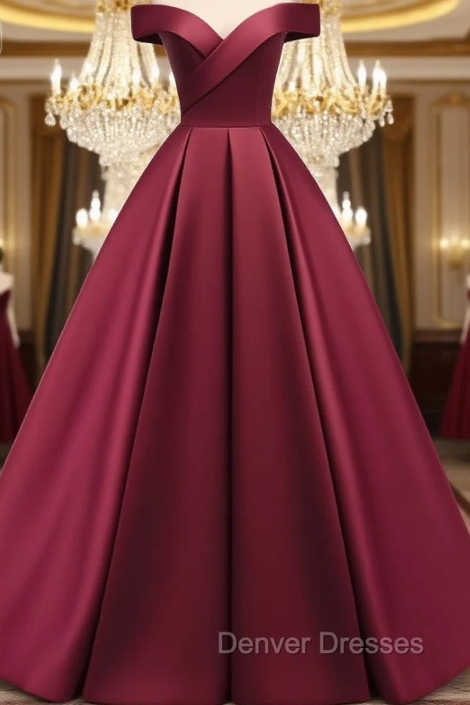 Burgundy Simple A-line Floor Length Satin Off Shoulder Party Dress, Long Evening Dress Main image
