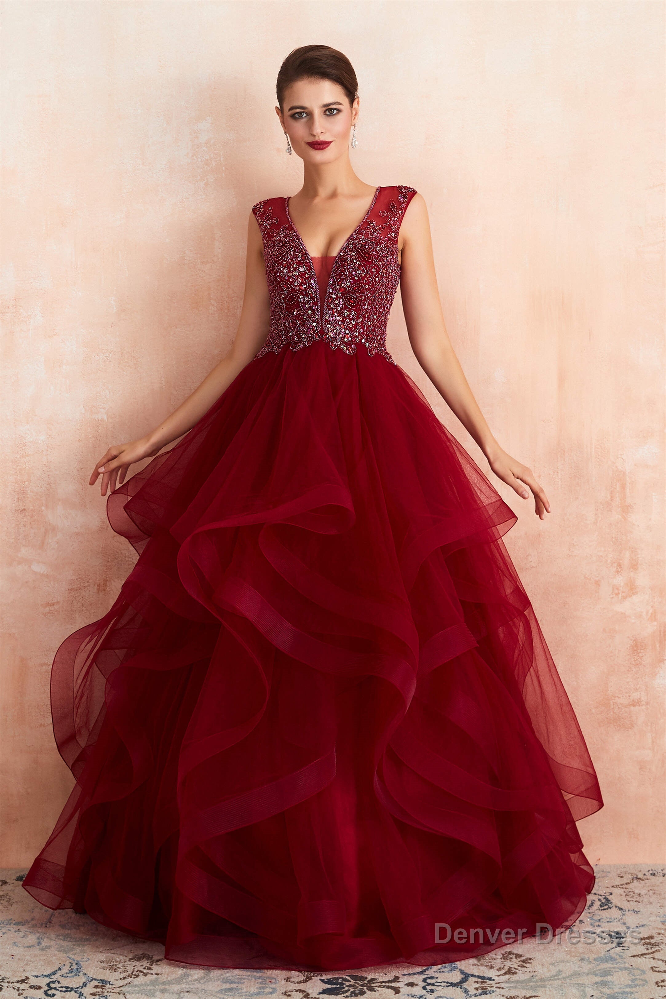 Burgundy Sleeveless Aline Puffy Tulle Prom Dresses with Sequins Main image