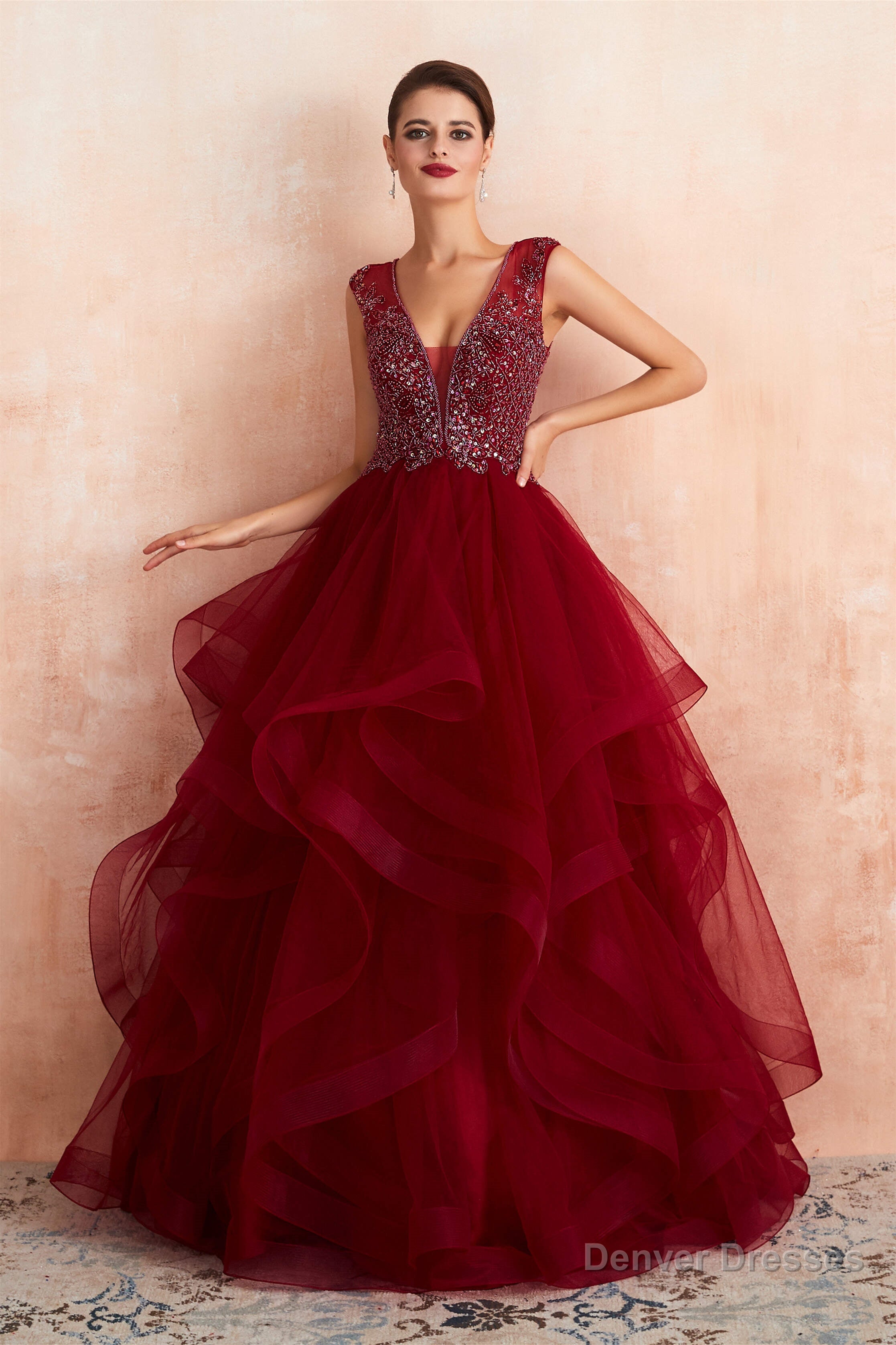 Burgundy Sleeveless Aline Puffy Tulle Prom Dresses with Sequins Secondary image