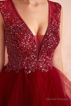 Burgundy Sleeveless Aline Puffy Tulle Prom Dresses with Sequins