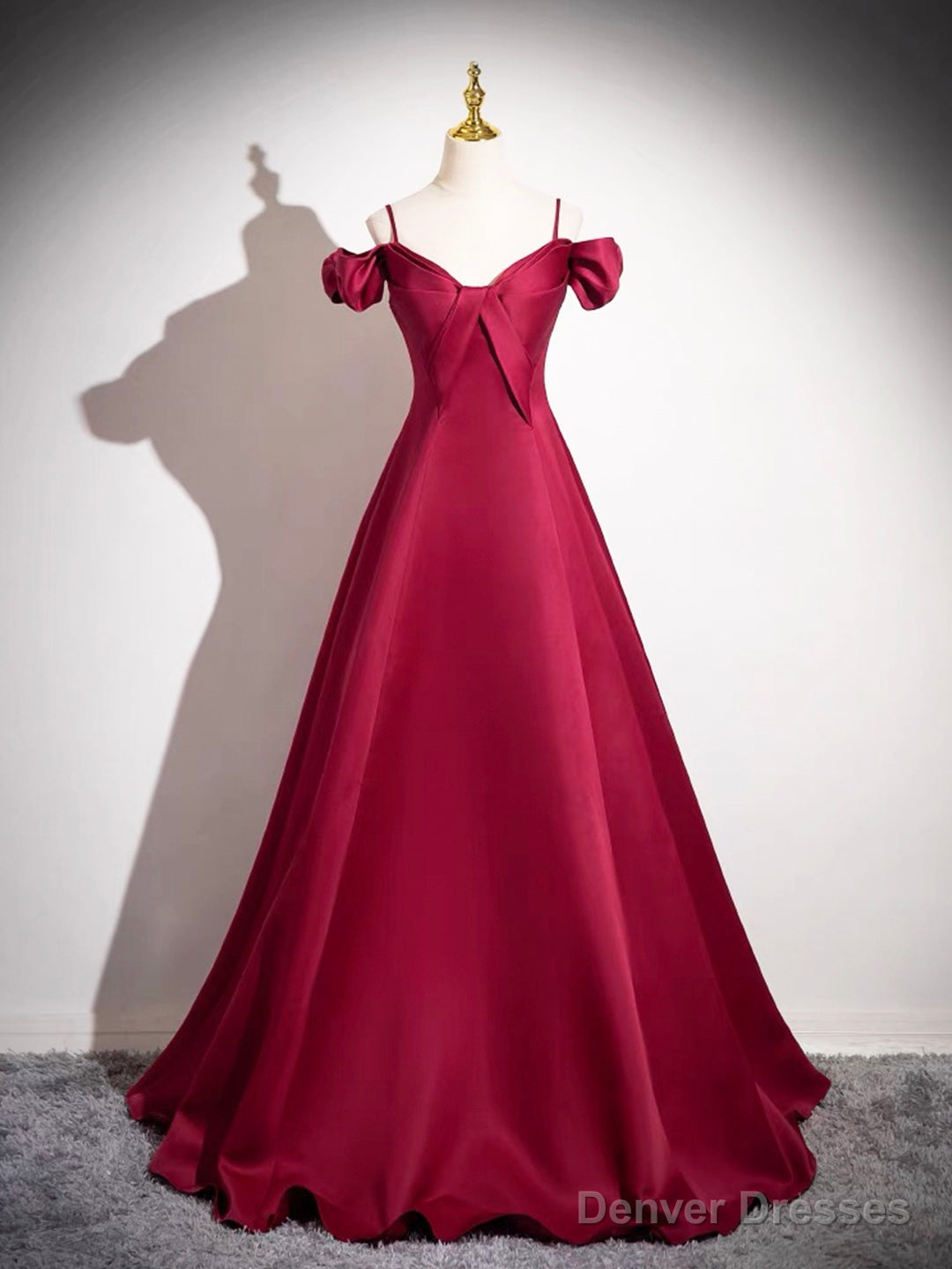Burgundy Spaghetti Strap Satin Long Prom Dress, A-Line Evening Party Dress Main image