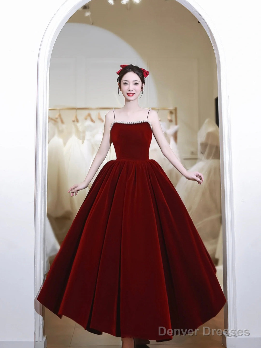 Burgundy Spaghetti Strap Velvet Tea Length Prom Dress With With Pearls Main image