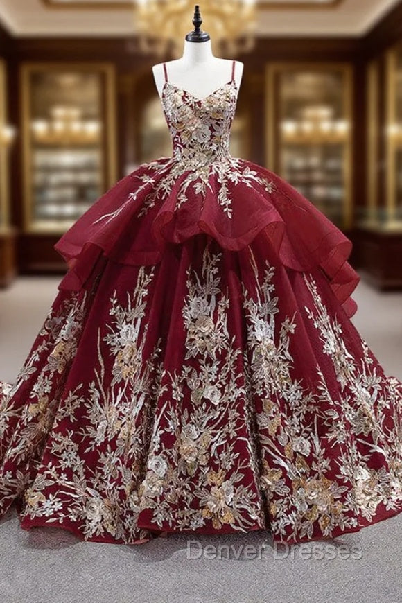 Burgundy Spaghetti Straps Appliques Prom Dress Main image