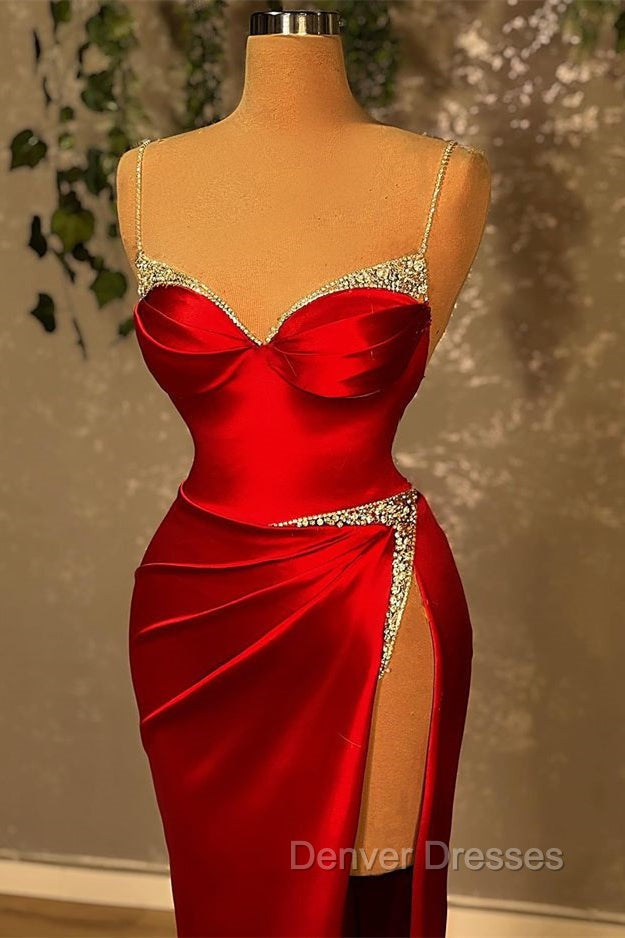 Burgundy Spaghetti-Straps Mermaid Evening Dress Sleeveless With Slit Beads Secondary image