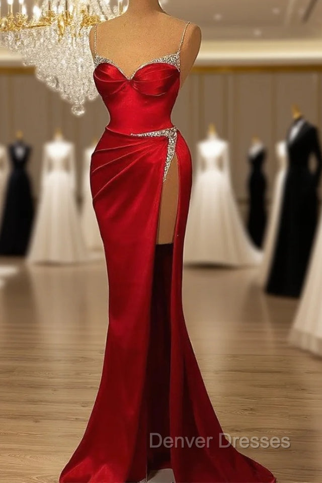 Burgundy Spaghetti-Straps Mermaid Evening Dress Sleeveless With Slit Beads Main image