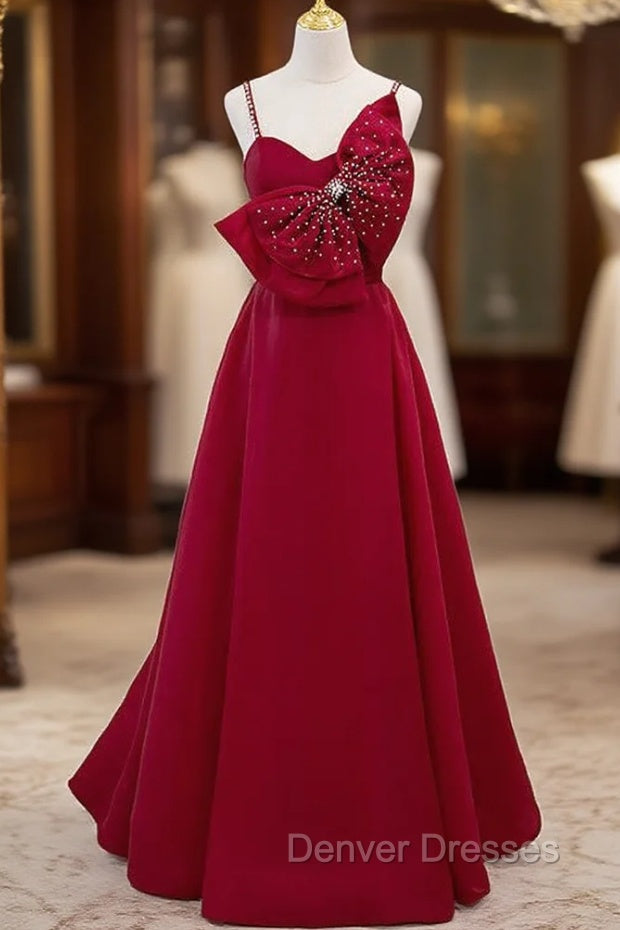 Burgundy Spaghetti Straps Pearls Bow Prom Dress Main image