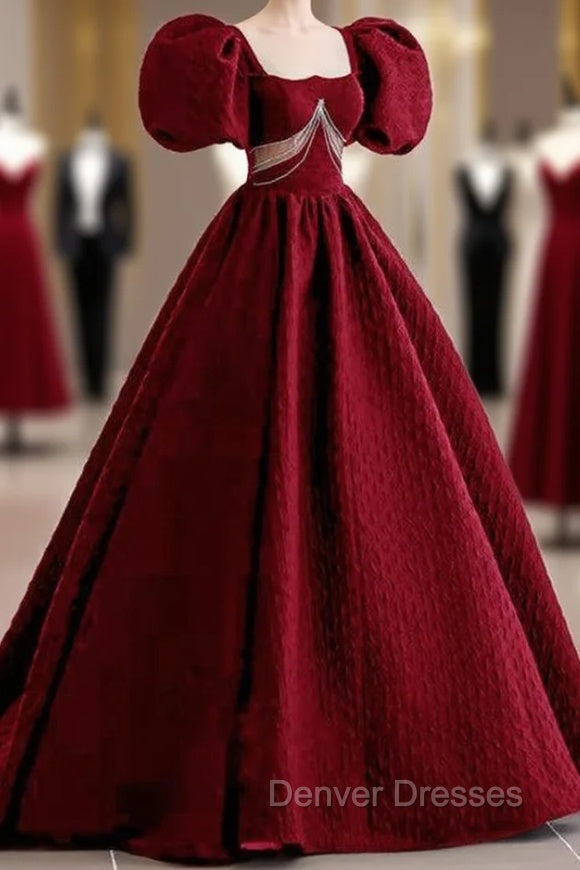 Burgundy Square Puff Sleeve Backless Prom Dress
