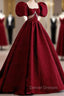 Burgundy Square Puff Sleeve Backless Prom Dress