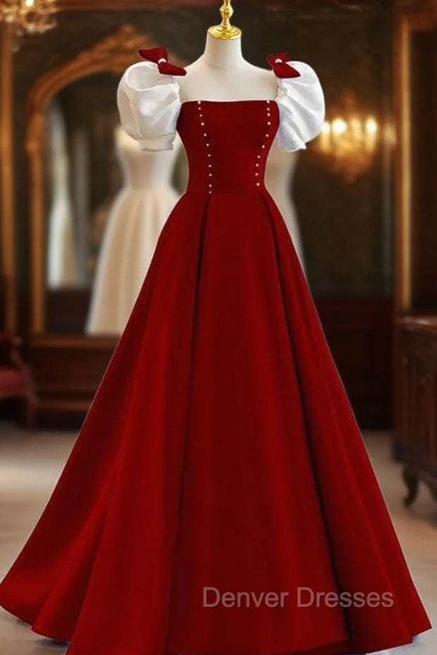 Burgundy Square Puff Sleeve Bow Prom Dress Main image