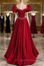 Burgundy Square Puff Sleeve Pearls Prom Dress