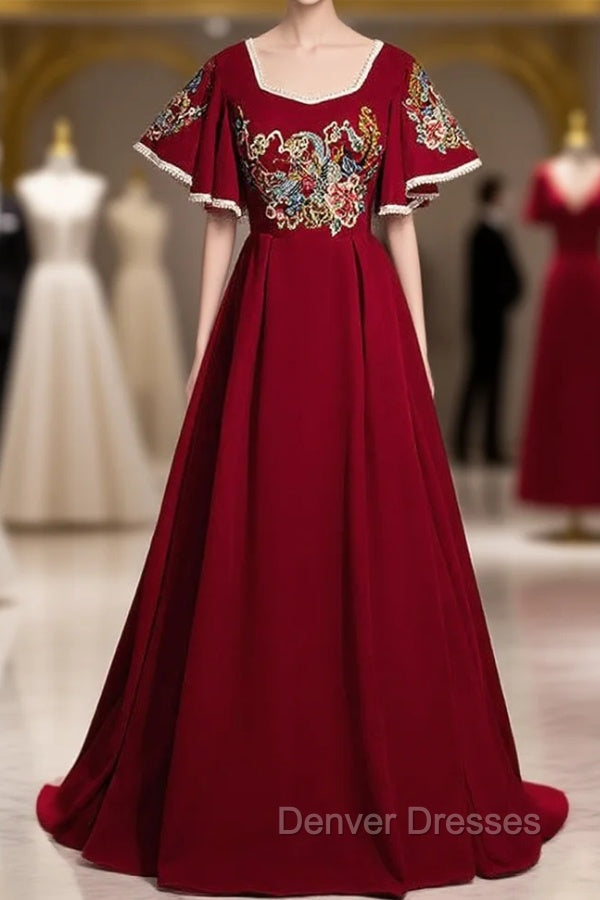 Burgundy Square Short Sleeve Embroidery Appliques Prom Dress Main image