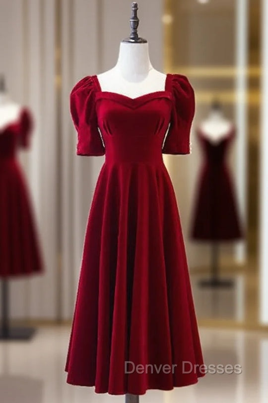 Burgundy Square Short Sleeve Tea Length Prom Dress